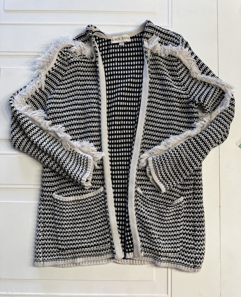 Knox Rose Womens Sz S Cardigan Sweater Black White Striped Tassel Fringe Trim